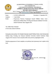 Pengumuman Penerima Penghargaan Insentif Publikasi Ilmiah, Jurnal  Internasional, Publikasi Buku, Prosiding, dan Kekayaan Intelektual Universitas  Jenderal  Soedirman  Tahun Anggaran 2025