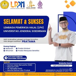 Lembaga Pemeriksa Halal (LPH)  Universitas Jenderal Soedirman  resmi *TERAKREDITASI* sebagai LPH dengan kualifikasi *PRATAMA*