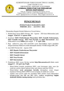Pengumuman Pendaftaran Mahasiswa KKN dan DPL KKN Periode Juli – Agustus 2026