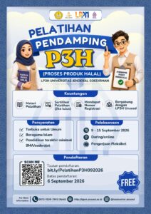 LP3H Universitas Jenderal Soedirman membuka Pelatihan Pendamping P3H (Proses Produk Halal) yang GRATIS dan terbuka untuk umum!